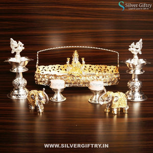 Imported Plate Lakshmi Idol Elephants German Silver Deepam | Silver Giftry | SGT20K383