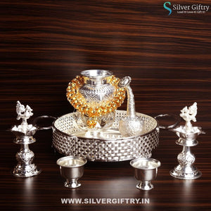 Imported Plate Mala Diya Pair Kalsha And Stand Bowls Paneer Dispenser | Silver Giftry | SGT20K384