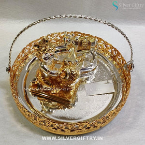 Imported Tray 8" With Pot Krishna and Cow and Calf | Silver Giftry | SGT20K387