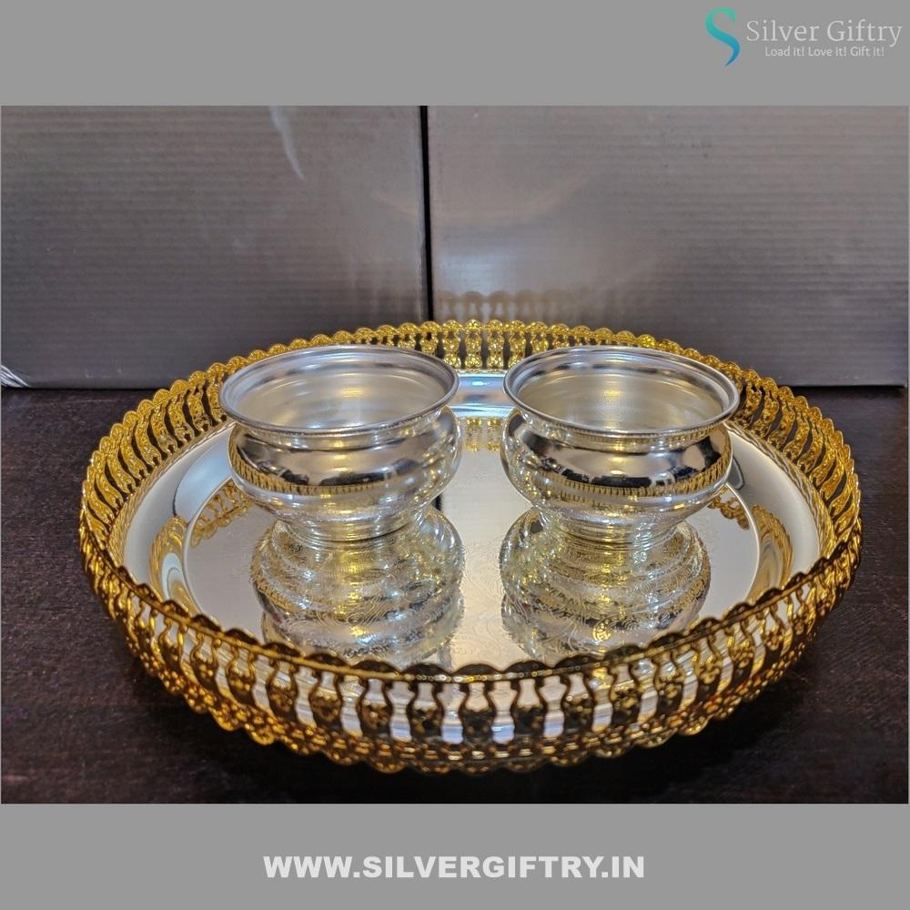 Imported Tray With German Silver Bowls (Gold) | Silver Giftry | SGT20K389