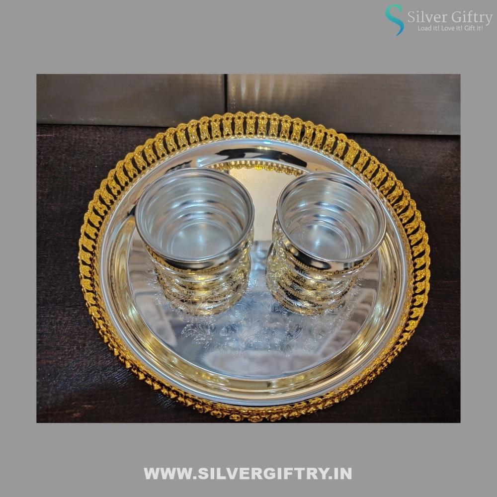 Imported Tray With German Silver Bowls (Gold) | Silver Giftry | SGT20K389