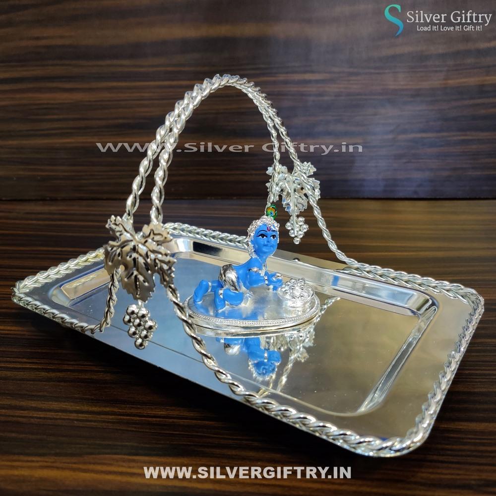 Imported Tray With Handle 10" Blue Laddu Krishna | Silver Giftry | SGT20K391