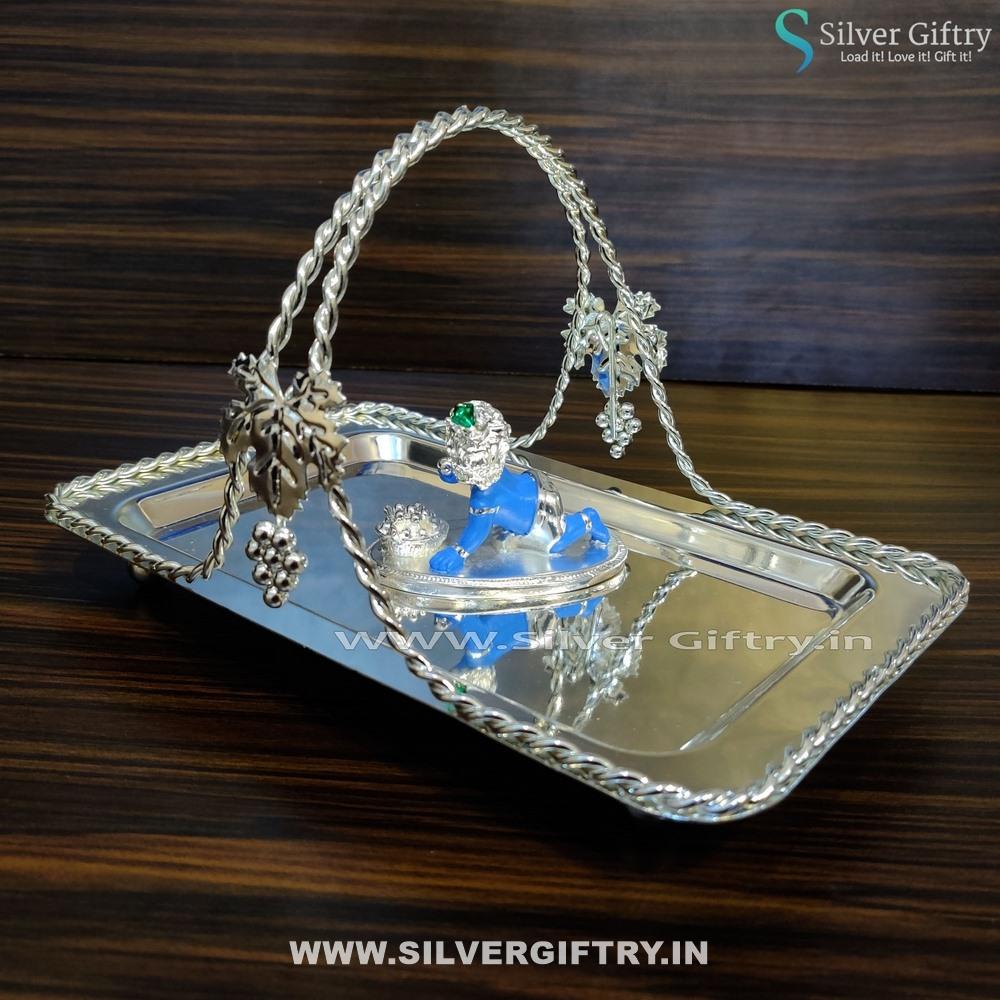 Imported Tray With Handle 10" Blue Laddu Krishna | Silver Giftry | SGT20K391