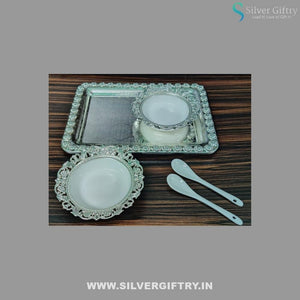 Imported Tray With Ice Cream Set Of 2 Bowls and Spoons Combo 1 | Silver Giftry | SGT20K392
