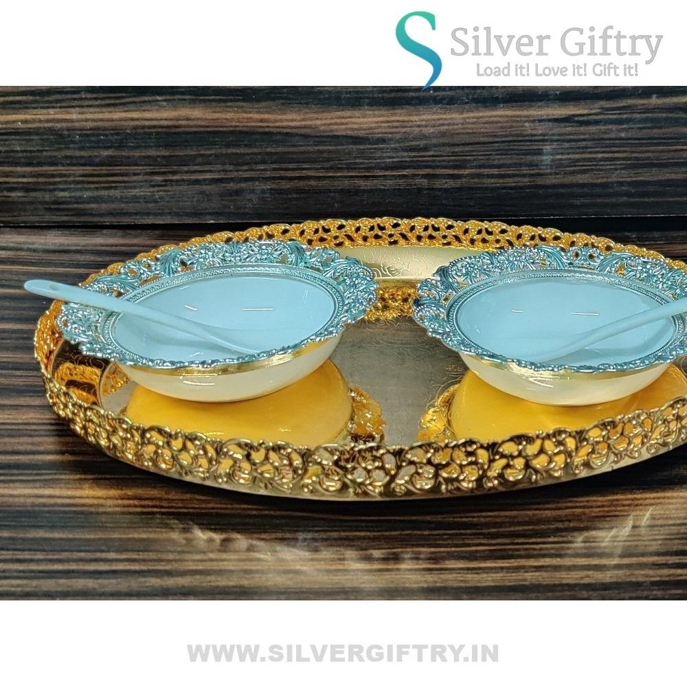 Imported Tray With Ice Cream Set Of 2 Bowls and Spoons Combo 2 | Silver Giftry | SGT20K393