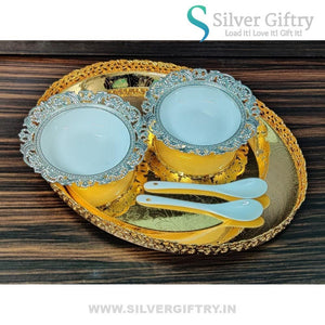 Imported Tray With Ice Cream Set Of 2 Bowls and Spoons Combo 2 | Silver Giftry | SGT20K393