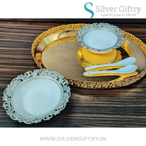 Imported Tray With Ice Cream Set Of 2 Bowls and Spoons Combo 2 | Silver Giftry | SGT20K393