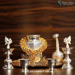 Imported Tray10" 4" Kalsha Stand 5" Gold Mala Paneer Dani" Kumkum Bowls 2" 6" Diya | Silver Giftry | SGT20K395