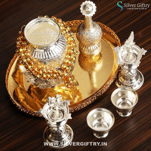 Imported Tray10" 4" Kalsha Stand 5" Gold Mala Paneer Dani" Kumkum Bowls 2" 6" Diya | Silver Giftry | SGT20K395