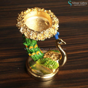 Peacock Candle Stand Gold and Green Antique Gift | Silver Giftry | SGT20K430