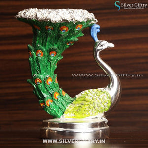 Peacock Candle Stand Green Silver Antique Gift | Silver Giftry | SGT20K431