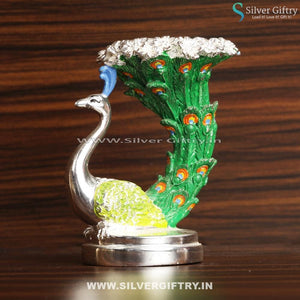 Peacock Candle Stand Green Silver Antique Gift | Silver Giftry | SGT20K431