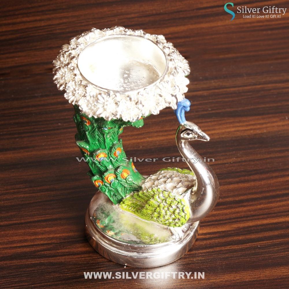 Peacock Candle Stand Green Silver Antique Gift | Silver Giftry | SGT20K431