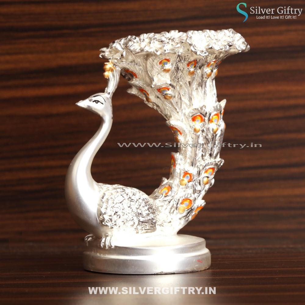 Peacock Candle Stand Pearl Antique Gift Orange | Silver Giftry | SGT20K433