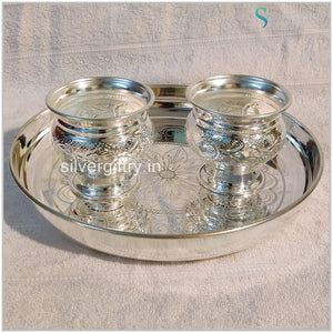 9" German Silver Washable Designed Plate with Kumkum Bowls | Silver Giftry | SGT20K503