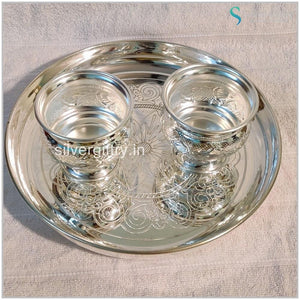 9" German Silver Washable Designed Plate with Kumkum Bowls | Silver Giftry | SGT20K504