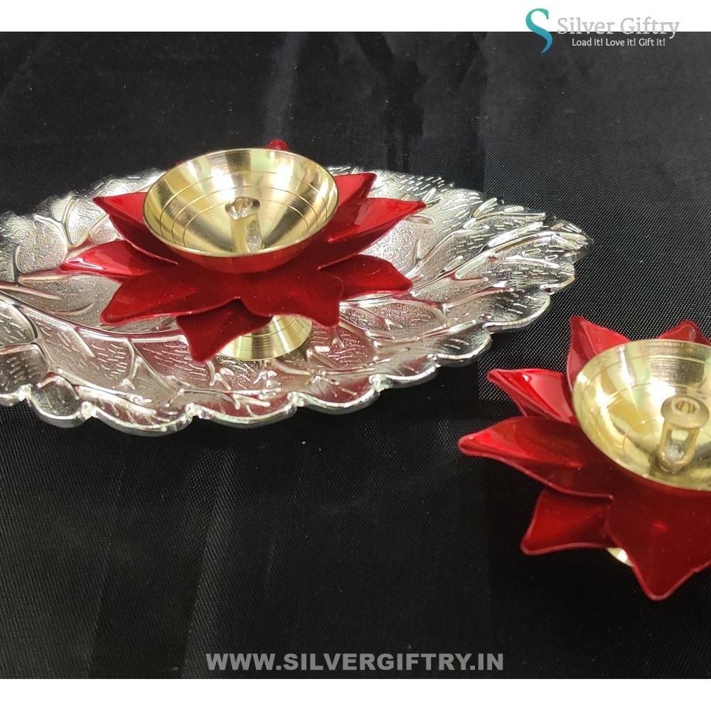 Imported Tray with Brass Lotus Diya Pair Mix Colors | Silver Giftry | SGT20K529