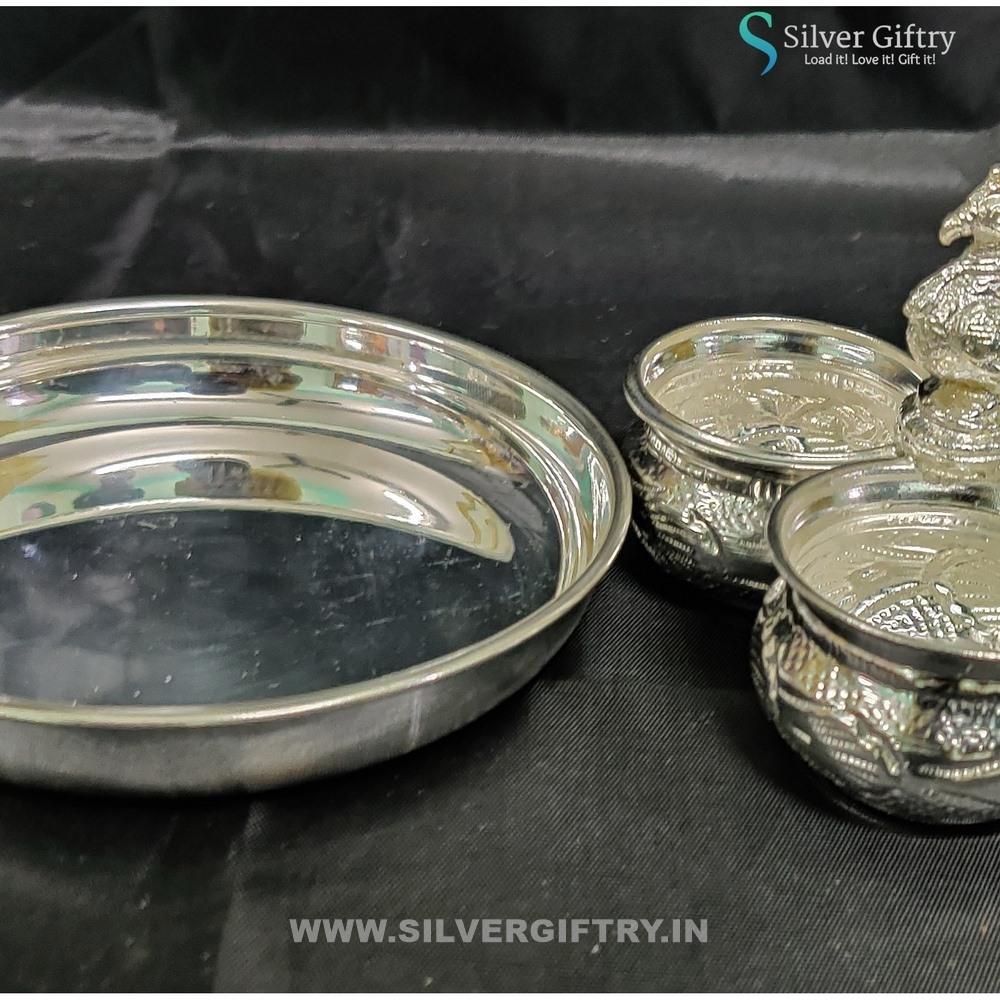 5" German Silver Plate with 3 Cup Panchwala Big | Silver Giftry | SGT20K536