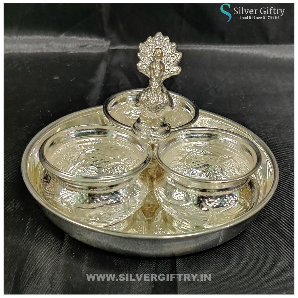5" German Silver Plate with 3 Cup Panchwala Big | Silver Giftry | SGT20K536