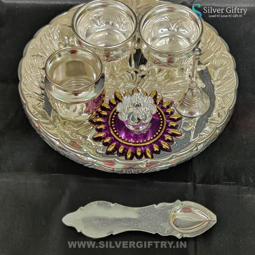 German Silver Pooja Thali With Floating Diya | Silver Giftry | SGT20K557