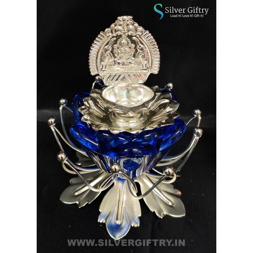 German Silver Kamala Lakshmi Diya Set 3" (Blue) | Silver Giftry | SGT20K581
