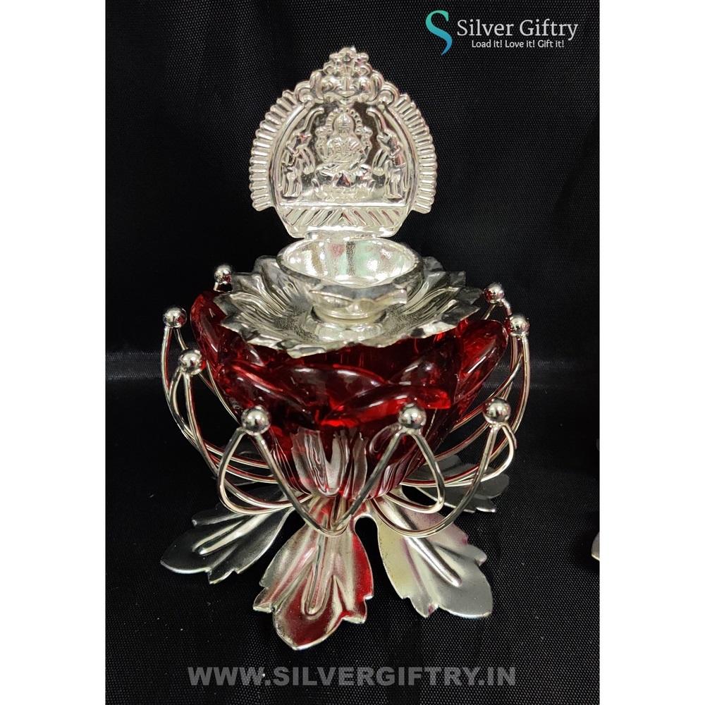 German Silver Kamala Lakshmi Diya Set 3" (Red) | Silver Giftry | SGT20K582