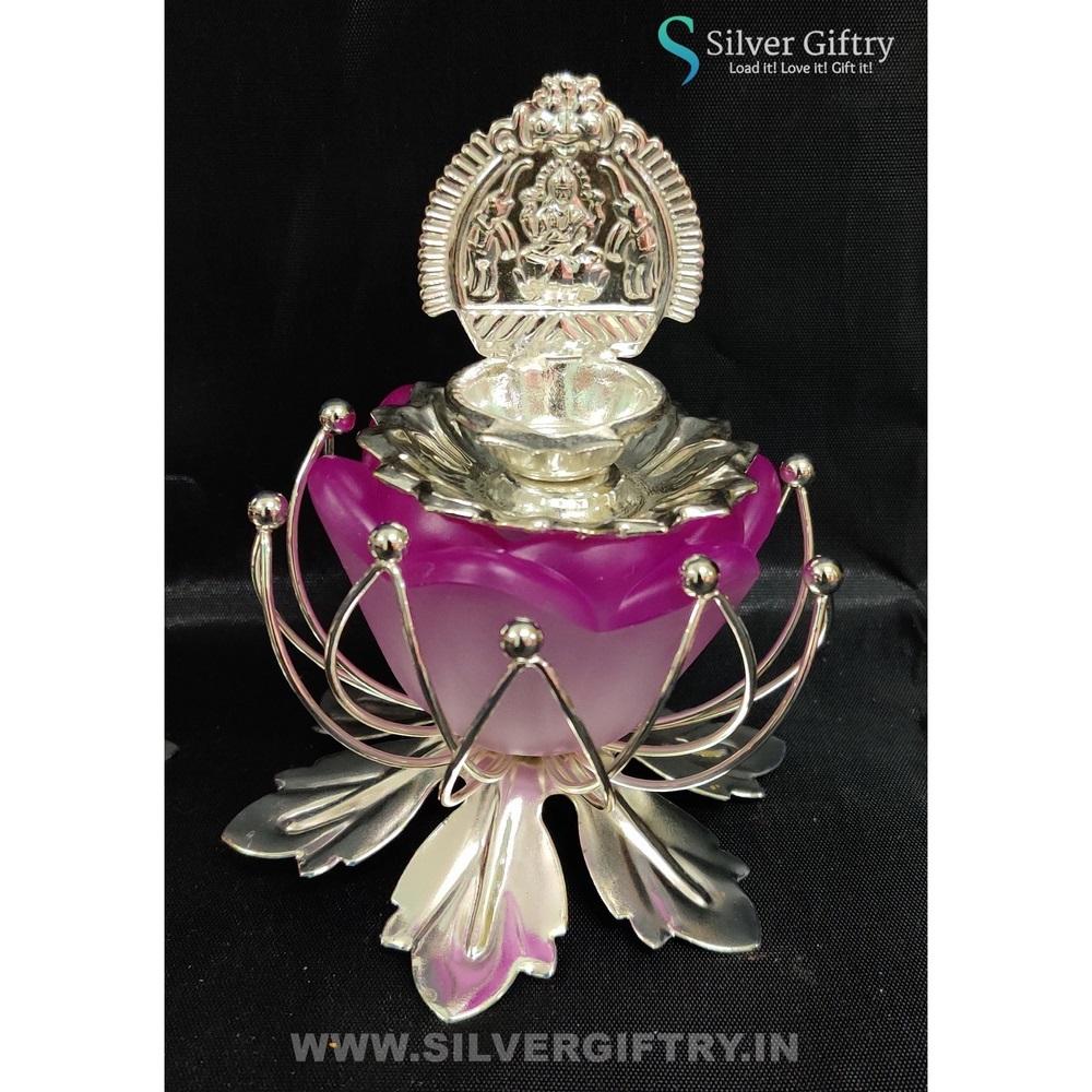 German Silver Kamala Lakshmi Diya Set 3" (Violet) | Silver Giftry | SGT20K583