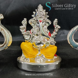 2.5" German Silver Ganesh Idol With Pair Of Elephant Idols For Pooja | Yellow | Silver Giftry | SGT20K587