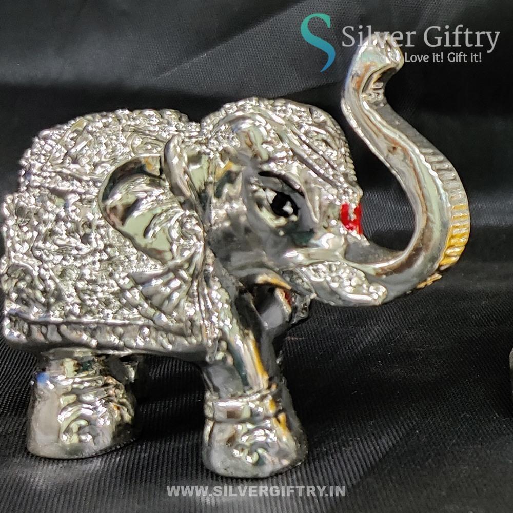 2.5" German Silver Ganesh Idol With Pair Of Elephant Idols For Pooja | Yellow | Silver Giftry | SGT20K587