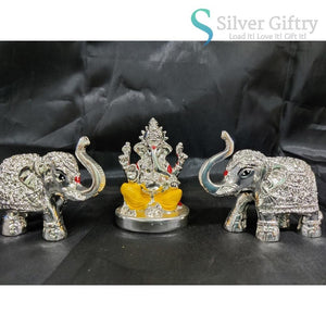 2.5" German Silver Ganesh Idol With Pair Of Elephant Idols For Pooja | Yellow | Silver Giftry | SGT20K587