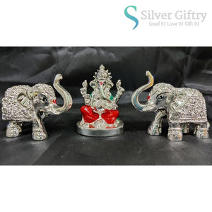 2.5" German Silver Ganesh Idol With Pair Of Elephant Idols For Pooja | Red | Silver Giftry | SGT20K588