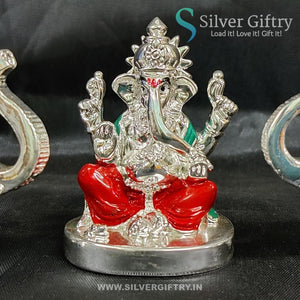 2.5" German Silver Ganesh Idol With Pair Of Elephant Idols For Pooja | Red | Silver Giftry | SGT20K588