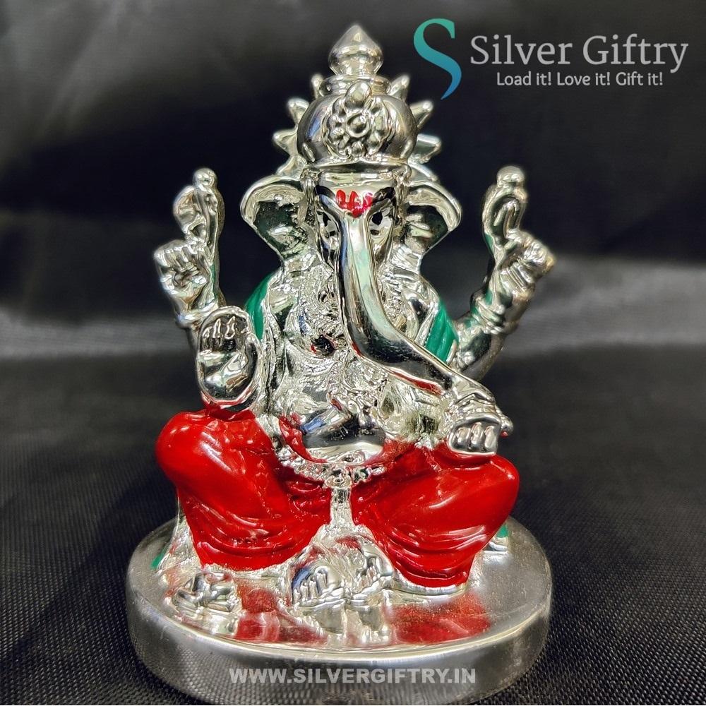 2.5" German Silver Ganesh Idol For Pooja | Red | Silver Giftry | SGT20K590