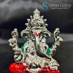2.5" German Silver Ganesh Idol For Pooja | Red | Silver Giftry | SGT20K590