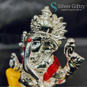 2.5" German Silver Ganesh Idol For Pooja | Yellow & Red | Silver Giftry | SGT20K591
