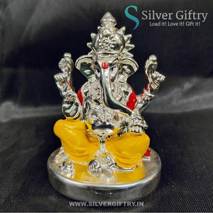 2.5" German Silver Ganesh Idol For Pooja | Yellow & Red | Silver Giftry | SGT20K591