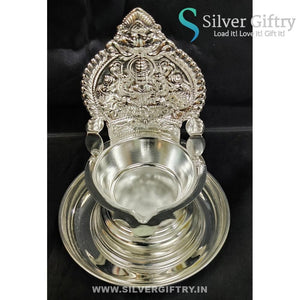German Silver Lakshmi Kamakshi Diya with Plate 7" | Silver Giftry | SGT20K609