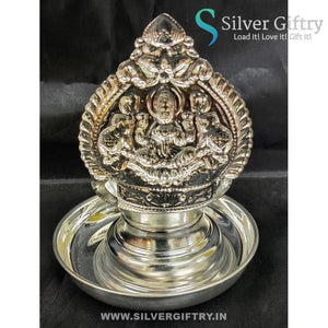 German Silver Lakshmi Kamakshi Diya with Plate 7" | Silver Giftry | SGT20K609