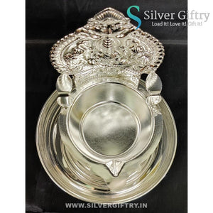German Silver Lakshmi Kamakshi Diya with Plate 7" | Silver Giftry | SGT20K609