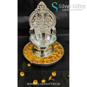 German Silver Lakshmi Kamakshi Diya 7" with Plate & 108 Flowers | Silver Giftry | SGT20K610