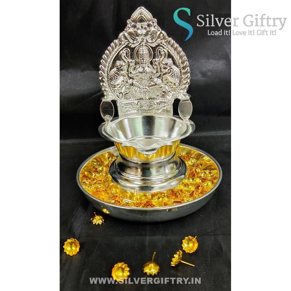 German Silver Lakshmi Kamakshi Diya 7" with Plate & 108 Flowers | Silver Giftry | SGT20K610