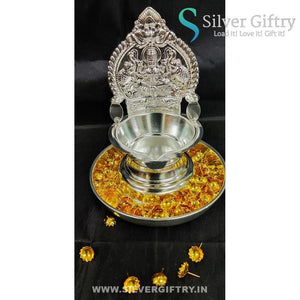 German Silver Lakshmi Kamakshi Diya 7" with Plate & 108 Flowers | Silver Giftry | SGT20K610