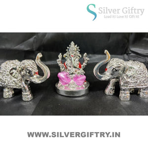 2.5" German Silver Ganesh Idol With Pair Of Elephant Idols For Pooja | Pink | Silver Giftry | SGT20K611