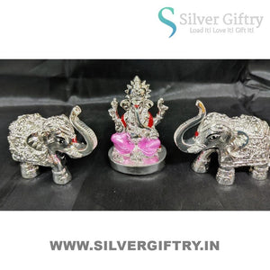 2.5" German Silver Ganesh Idol With Pair Of Elephant Idols For Pooja | Pink | Silver Giftry | SGT20K611
