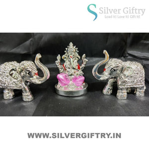 2.5" German Silver Ganesh Idol With Pair Of Elephant Idols For Pooja | Pink | Silver Giftry | SGT20K611