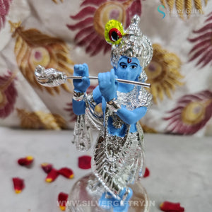Pure Silver Coated Flute Krishna Blue 5" | SGT20K627 | Silver Giftry