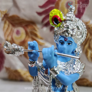 Pure Silver Coated Flute Krishna Blue 5" | SGT20K627 | Silver Giftry