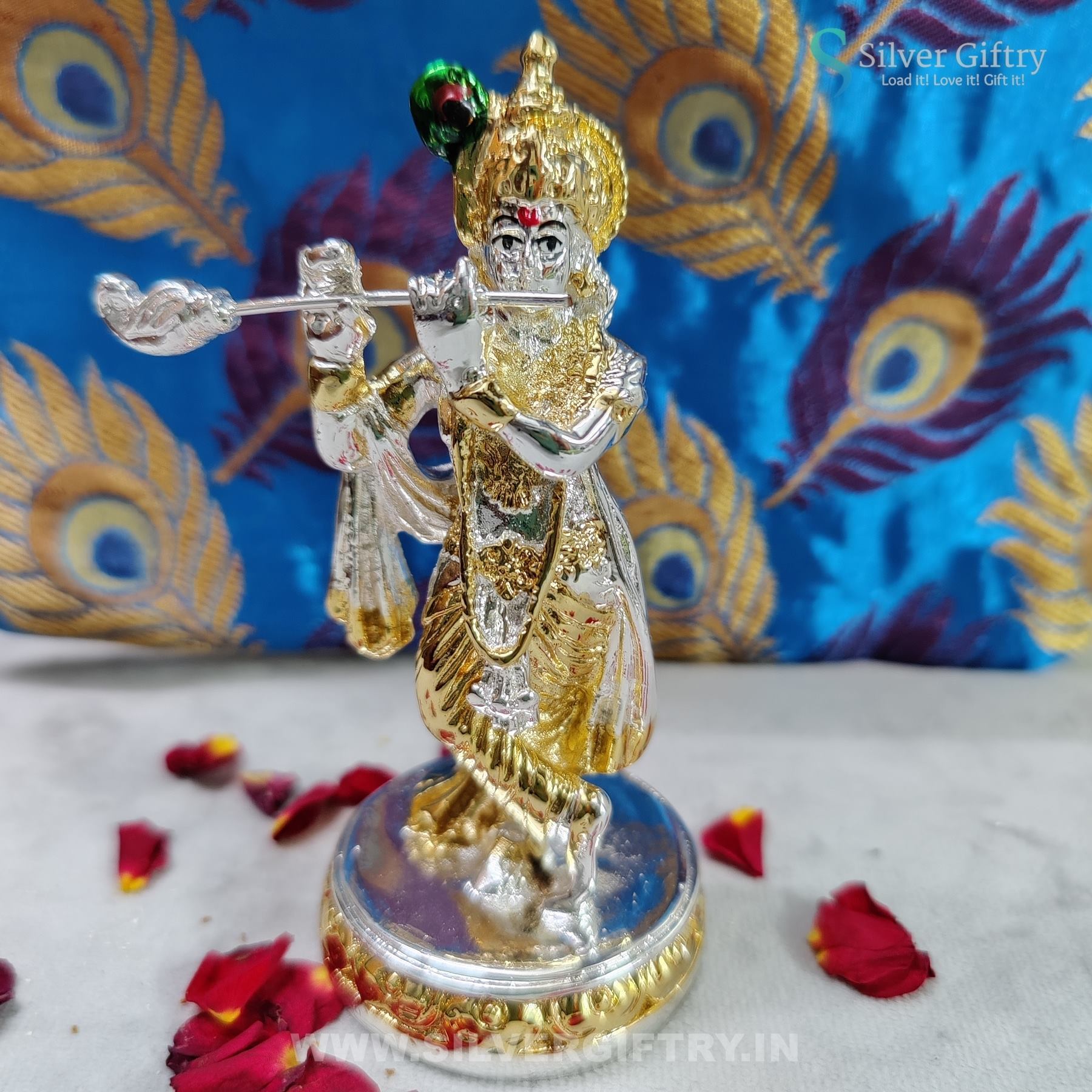Pure Silver And Gold Coated Flute Krishna 5" | SGT20K628 | Silver Giftry