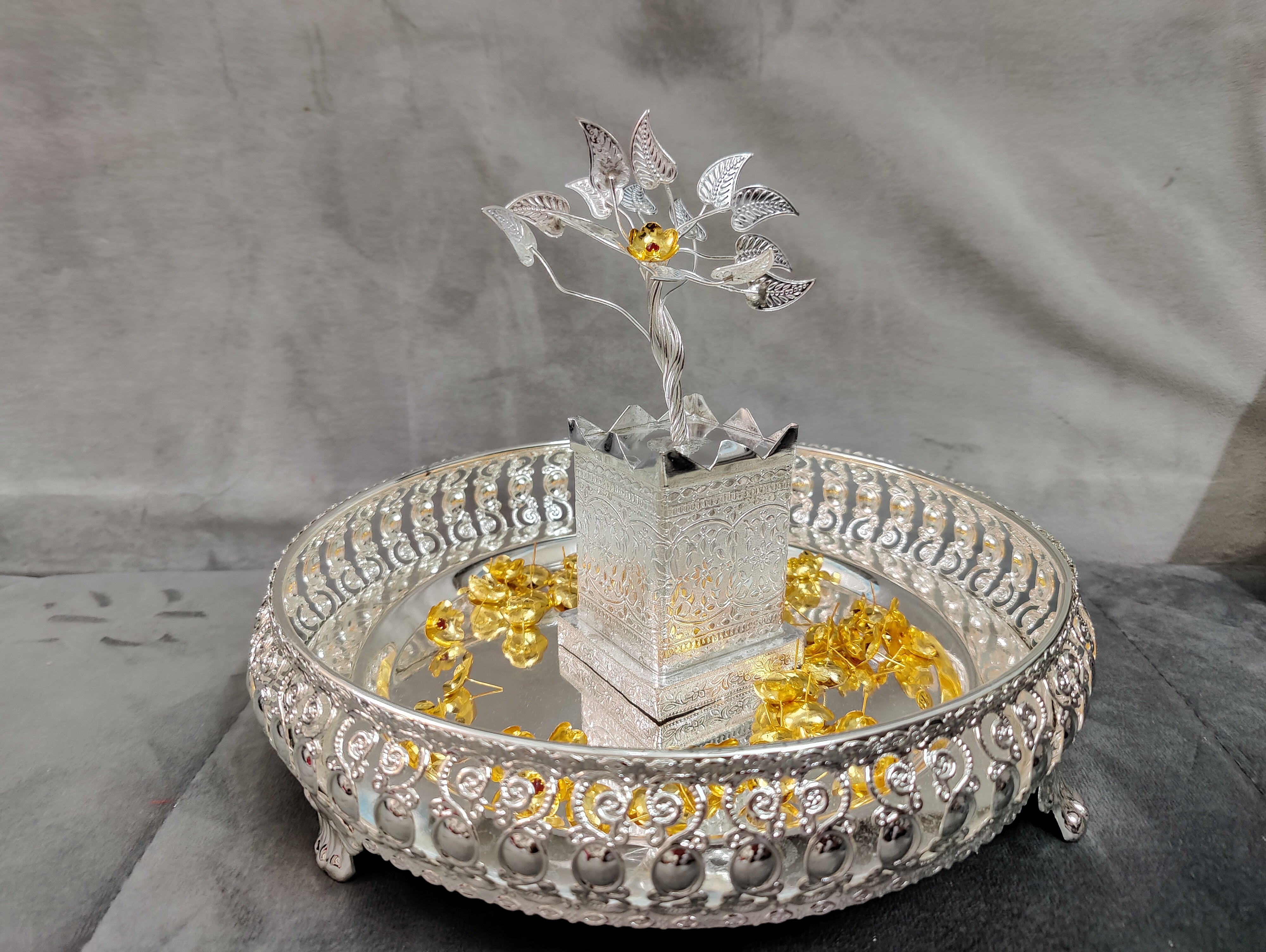 Imported German silver tray with Tulsi 6" and 108 mantra stoned flowers