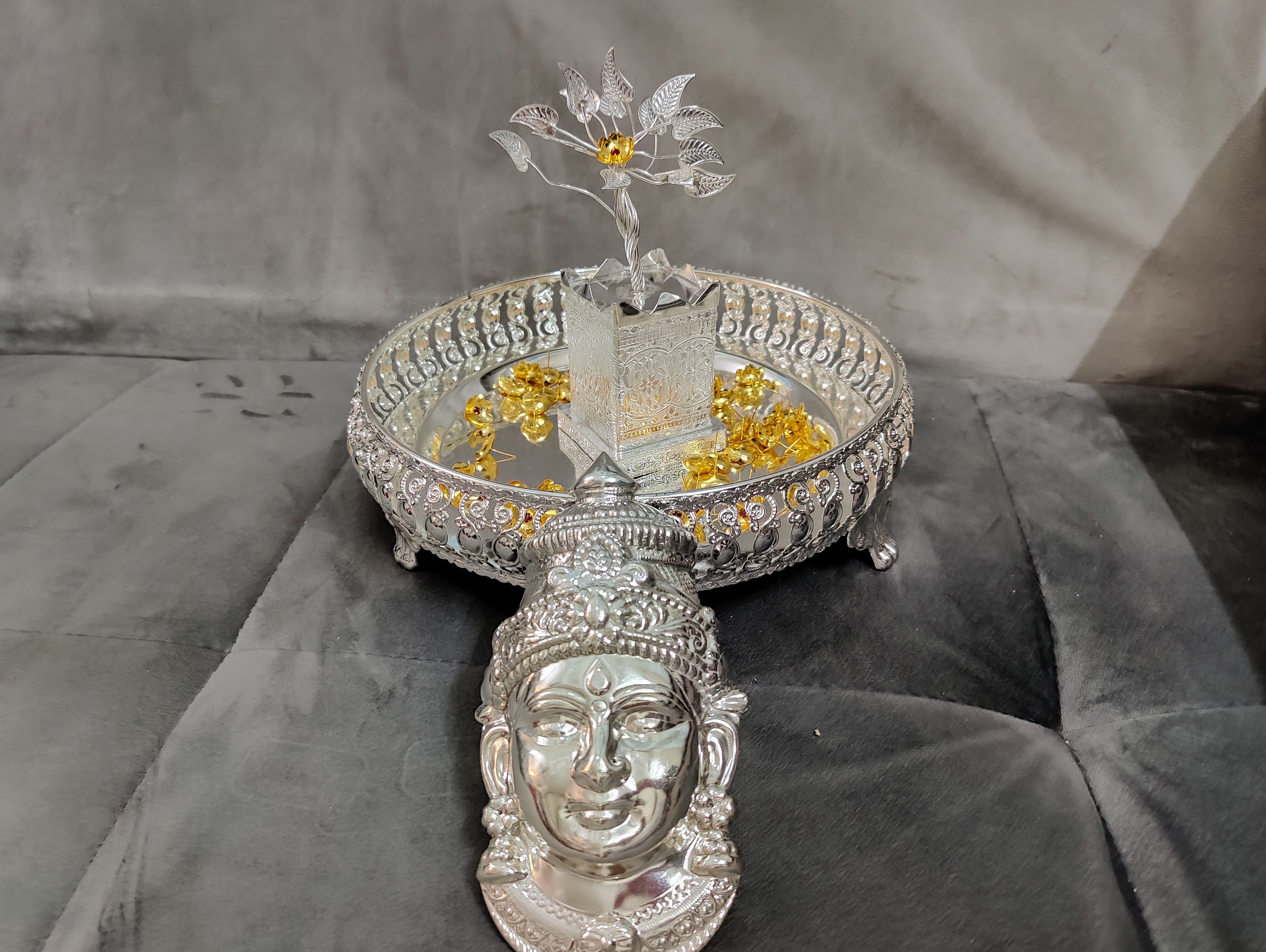 Imported German silver tray with Tulsi 6" and 108 mantra stoned flowers+ Lakshmi face